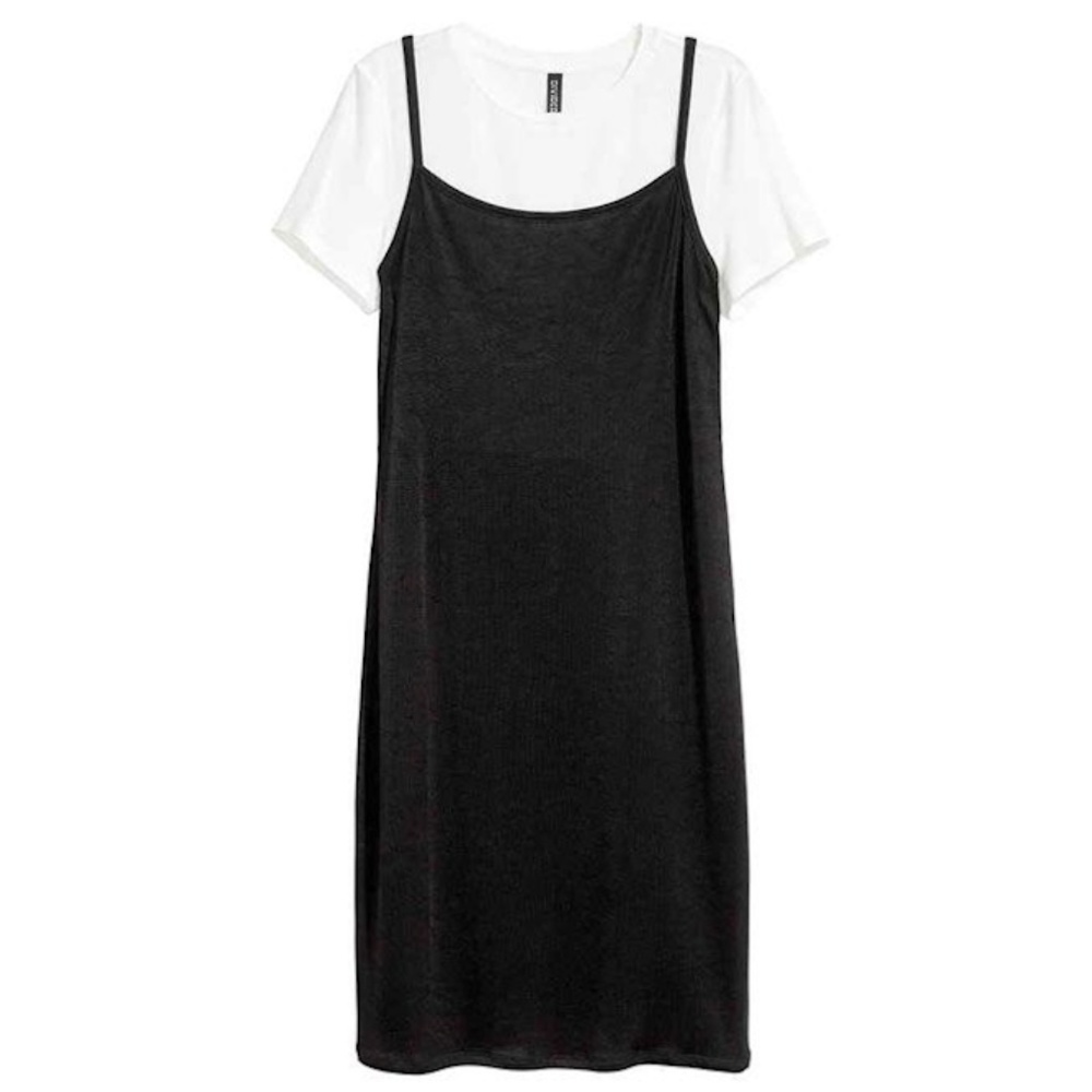 H&M White T-shirt Insert Cami Black Slip Dress